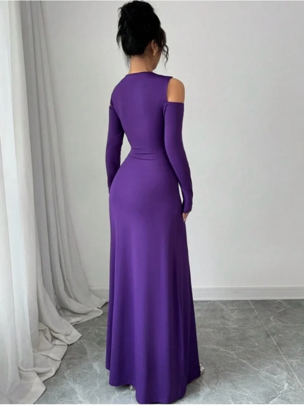 Purple cold-Shoulder Long Sleeve Dress - Picture 3 of 3